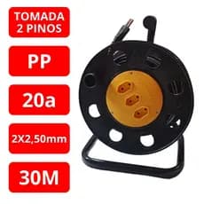 Extensão Elétrica Carretel Profissional 3 tomadas Cabo PP 20 amperes com 30 metros tomada bipolar