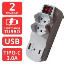Adaptador Plug 2 Tomadas Tripolar 10A Com Carregador Turbo 3.0 Tipo C e USB