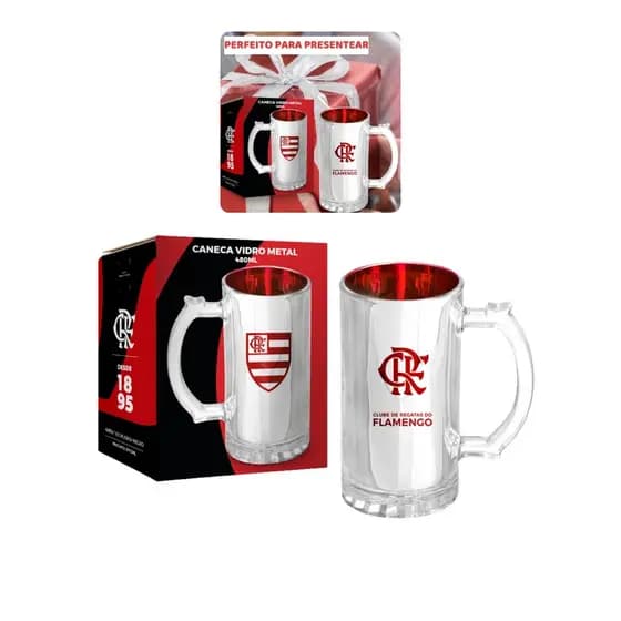 Caneca Vidro Reforçado Metalic 480ml Cerveja Flamengo Oficial