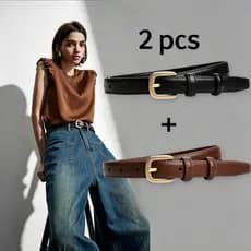Kit 2 Cinto elegante e fino em couro genuíno, estilo feminino, fivela de liga metálica.