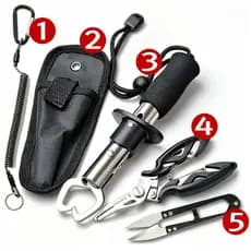 Kit 5 Peças Ferramentas de Pesca Alicate Multifuncional+Pegador de Peixe com Corda Anti-Queda e Capa