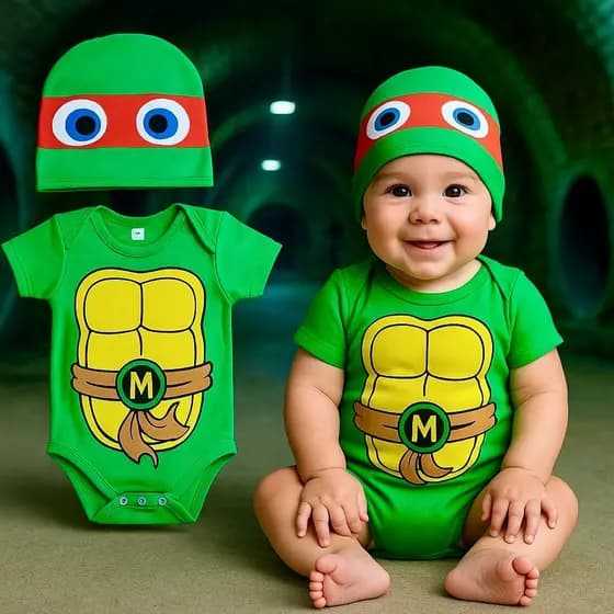 Body Bebê Temático Tartaruga Ninja Fantasia bebê Body Raphael Tartaruga Ninja Cosplay baby Body + Touca Body Menino bebê