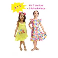 Kit 2 Vestidos Infantil Com Bolsa Estampa Gatinhos Coloridos