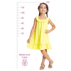 VESTIDO INFANTIL COM BABADO NO DECOTE E BARRA, REGULAGEM COSTAS COM ELÁSTICO.