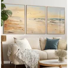 Quadros Decorativos Com Moldura Filete Sala Quarto Trio Arte Natureza Pintura Entardecer no Litoral