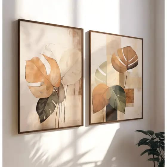 Quadros Decorativos Com Moldura Filete Sala Quarto Casal Duo Floral Pintura Abstrata Folhas Em Bege