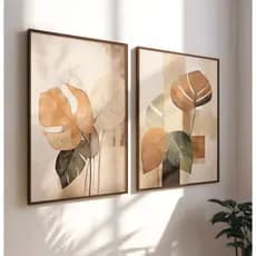 Quadros Decorativos Com Moldura Filete Sala Quarto Casal Duo Floral Pintura Abstrata Folhas Em Bege