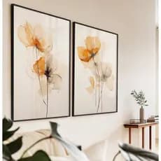 Quadros Decorativos Com Moldura Filete Sala Quarto Casal Duo Floral Tinta Aquarela Em Bege E Laranja