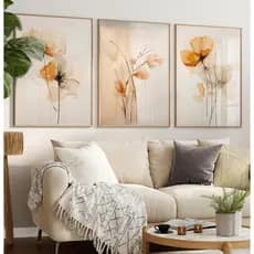 Quadros Decorativos Com Moldura Filete Abstrato Floral Sala Quarto Trio Arte Flores Tinta Alaranjada