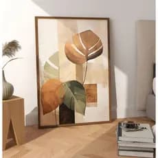 Quadro Decorativo Com Moldura Filete Sala Arte Pintura Abstrata Floral Costela De Adão Tons Terrosos