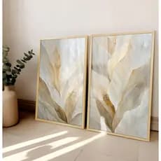 Quadro Abstrato Folhagem Com Moldura Quadro Decorativo Sala Grande Quadro Dourado Branco Folhas Duo