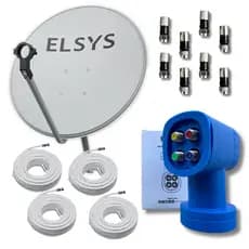 Kit Antena Digital Elsys 60cm Banda Ku + LNBF Quadruplo + 4 Cabos 15m + 8 Conectores