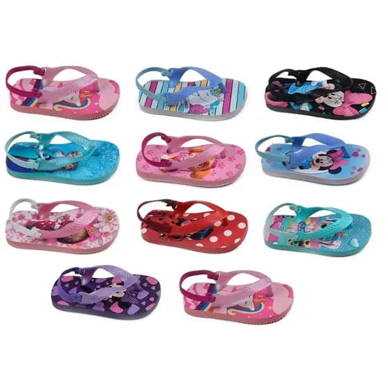 kit 12 pares chinelos baby meninas com elástico d5 bebê personagens atacado