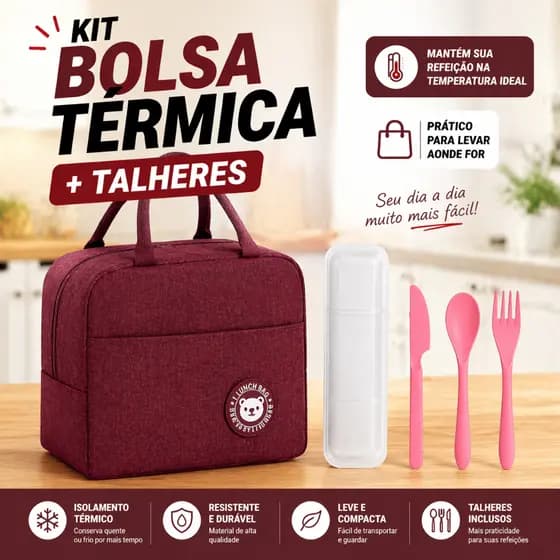 Kit Bolsa Térmica Para Marmita Lancheira Com Alça Viagem + Porta Talher Feminina Masculina