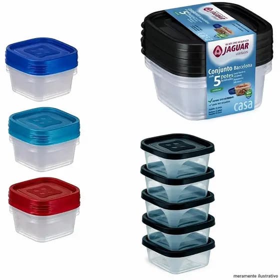 Kit 5 Potes Plásticos Jaguar com Tampa Armazenamento de Alimentos 230ml Empilhável Marmitas e Organização de Cozinha