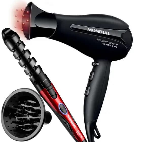 Secador De Cabelo Mondial 2000w Ions Power Shine Profissional Salão Ar Quente e Frio Com Difusor Modelador Cachos Spiral
