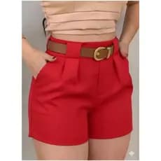 Short Social Alfaiataria Feminino Com Cinto Com Bolso Cintura Alta