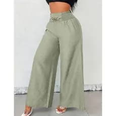Calça Pantalona Social Feminino De Linho Com Cinto Fake e Cintura Alta e Bolsos
