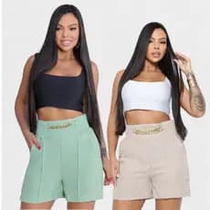 KIT  2 Short Social Linho Cintura Alta com Elástico, Corrente Metálica e Bolsos funcional  P.M.G.GG