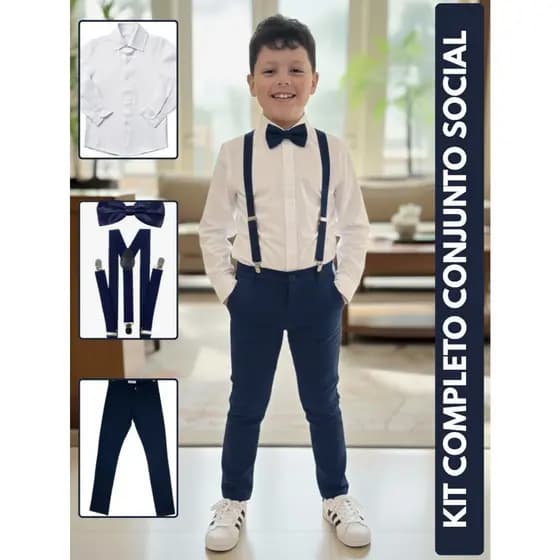 Conjunto Social Infantil Menino Roupa Para Igreja Batizado Pajem Casamento Elegante Comportado Suspensório Gravata