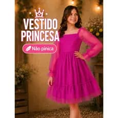 Vestido Princesa Infantil Luxo Manga Longa Tule Brilhoso Festa Menina