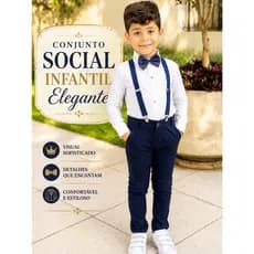 Conjunto Social Infantil Pajem Manga Longa Menino Casamento Batizado Formatura Roupa Social Infantil Com Suspensório Gra