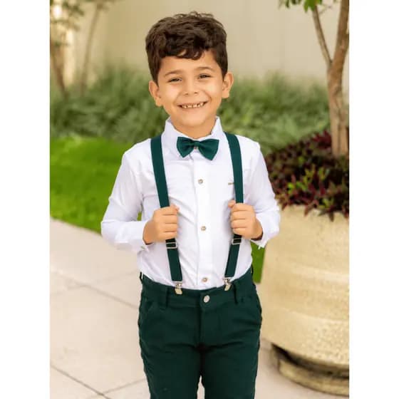 Conjunto Social Infantil Menino Pajem Casamento Verde Oliva Elegante Suspensório Gravata Festa