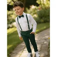 Conjunto Social Menino Verde Elegante Camisa Branca Suspensório Gravata Infantil Igreja Festa Casamento Luxo
