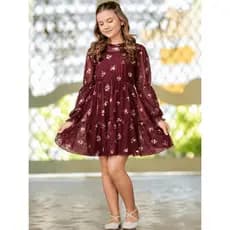Vestido Menina Floral Bordô Manga Longa Festa Infantil