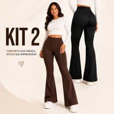 Kit 2 Calças Legging Flare Feminina Peluciada Bailaria Boca de Sino Suplex Cós Alto Inverno