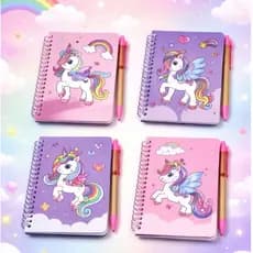 Cadernetas Espiraladas Capa Dura  com caneta, Estampas de Unicórnio, Cores Sortidas Rosa e Lilás, Modelo Infantil