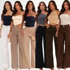 Calça Wide Leg Feminina Sarja Cintura Alta Alfaiataria Conforto Elastano