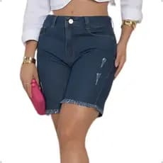 Bermuda Short Jeans Ciclista Escura Cintura Média Streetwear