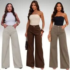 Calça Feminina Wide Leg Jeans Sarja 100% Algodão Cintura Alta Pantalona Premium Tendência