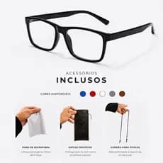Óculos de Grau Quadrado com Kit Completo Incluso + Estojo Flanela  Cordão para Proteção e Uso Diário
