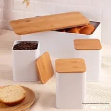 Conjunto Porta-Pão Bambu e Três Potes Branco Tampa em Madeira Café Açúcar e Doces - Mimo Style