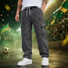 Calça Cargo Jeans Masculina Grafite Estonada Larga 6 Bolsos Streetwear Skate
