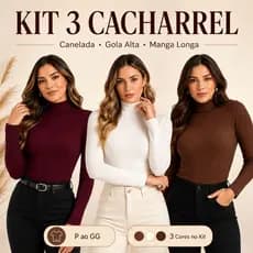 Kit 3 Blusas Femininas Cacharrel Canelada Manga Longa Gola Alta