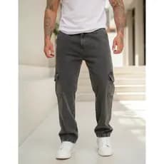 Calça Cargo Masculina Jeans Sarja Estonada 6 Bolsos Streetwear Oversized Cós Elástico Larga