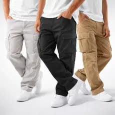 Kit 3 Calças Cargo Masculina Sarja Streetwear Larga Skatista Casual Bolso Lateral