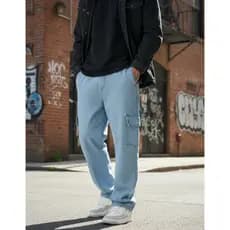 Calça Cargo Jeans Larga Unissex Streetwear Skatista Cós Elástico