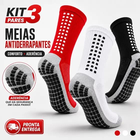 Kit 3 Pares Meias Antiderrapantes Grip Futebol Futsal Society Cano Médio