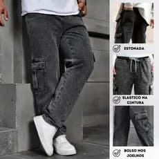 Calça Jeans Cargo Masculina Streetwear Skatista Preta Mescla Cinza Grafite