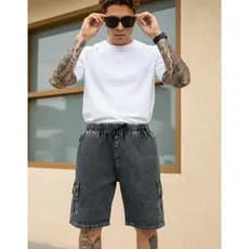 Shorts Jeans Cargo Grafite Estonado Mauricinho Cós Elástico Marmorizado Tendência