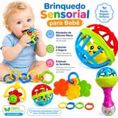 KIT Brinquedo Bebe Chocalho Mordedor Silicone Macio Bola Colorida Presente Para Menina e Menino
