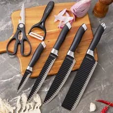 Kit Conjunto Jogo Facas Cozinha Churrasco 6 Peças Preto Inox Faca 6 Peças Utensílios Profissional