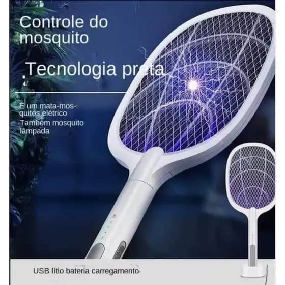 Raquete elétrica Recarregável Tipo C Mata Mosquisto Dengue com Suporte de Mesa
