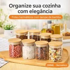 Kit Ate 12 Pote de Vidro com Tampa Bambu 200ML Potes Herméticos Porta Mantimen Hermético à Prova Odores