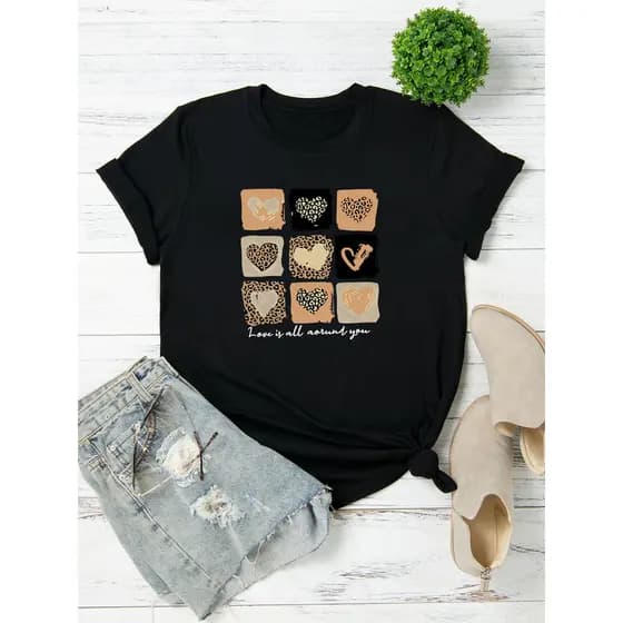 T-shirt Love Coração Animal Print Tendencia Babylook 100% Algodão