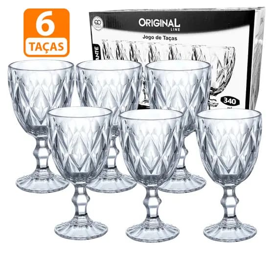Jogo de 6 Taças Diamond Vidro transparente 340ml Sobremesa Luxo Diamante Reforçada taça de vidro